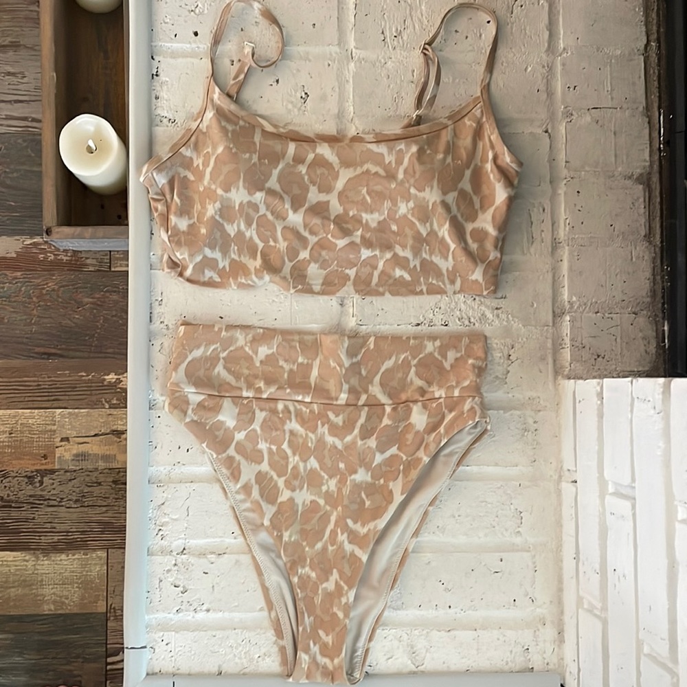 Aerie Leopard Longline Scoop Bikini Top and High Cut Cheeky Bikini Bottom - Picture 3 of 7